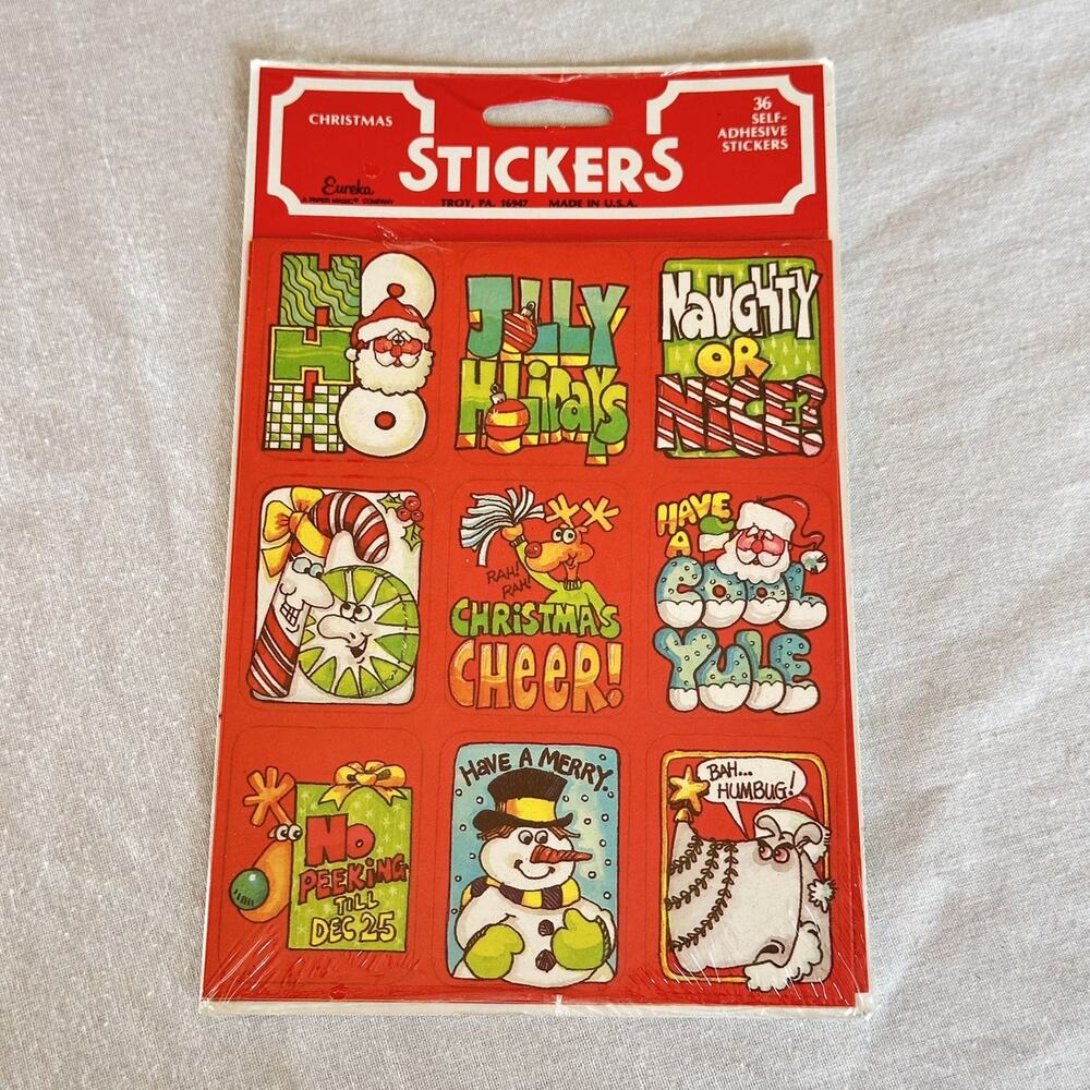 Vintage 80s Eureka Funny Christmas Stickers NOS Snowman Santa Humorous Holiday